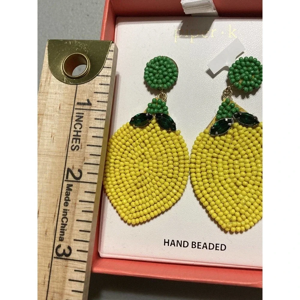 Piper K Dangle Hand Beaded Colorful Lemons? Earrings NIB Yellow‎ & Green